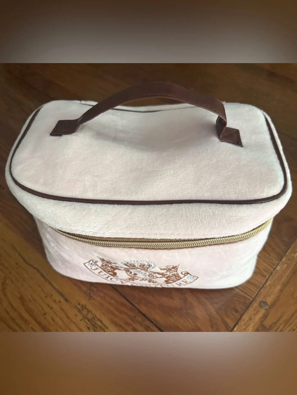 Juicy Couture pink and gold zippered train case cosmetic makeup bag